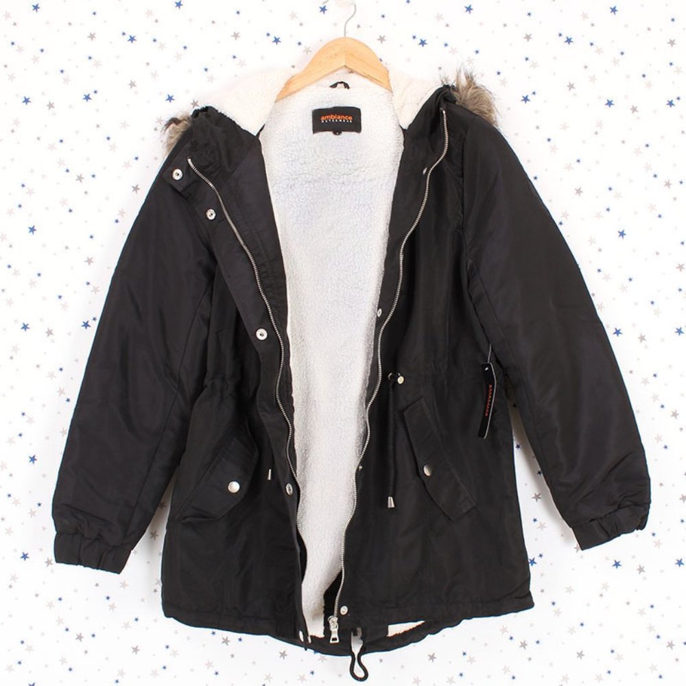 Black Faux Fur Hooded Sherpa Fur Lined Jacket